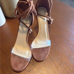 Ankle-Tie Suede Heeled Sandals in Brown with Clear Toe Strap
